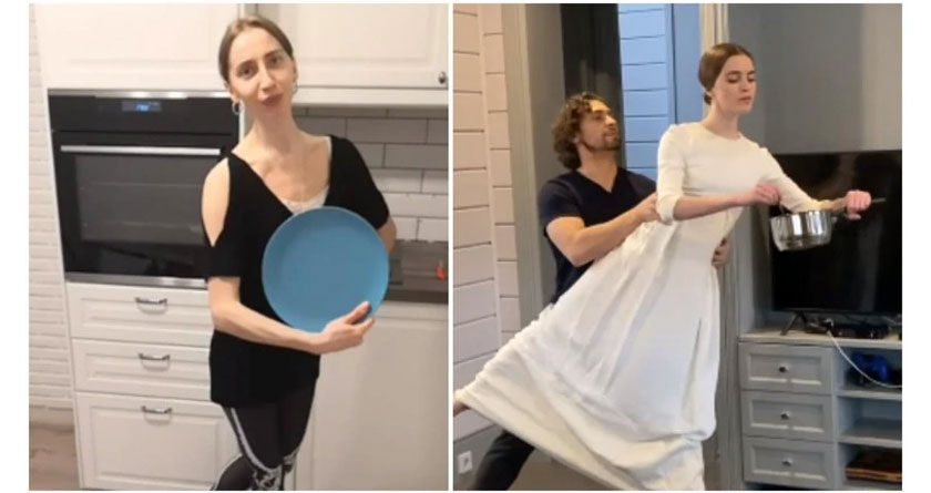 Russian dancers complete household chores while performing ballet
